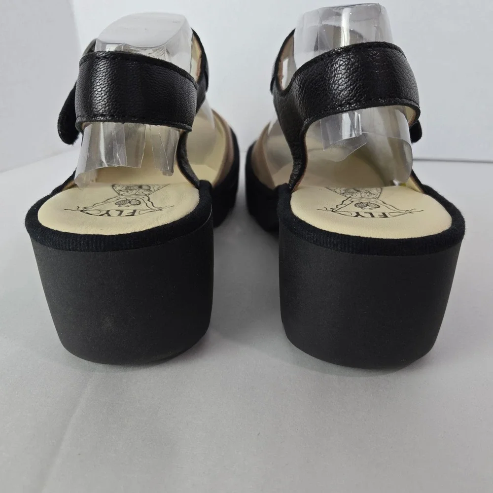 NWT Fly London Size 9 Platform Sandals Black Leather Sole Buckle Strap #1111
